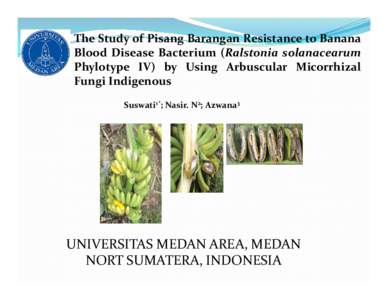 The Study of Pisang Barangan Resistance to Banana Blood Disease Bacterium (Ralstonia solanacearum Phylotype IV) by Using Arbuscular Micorrhizal Fungi Indigenous Suswati1*; Nasir. N2; Azwana3
