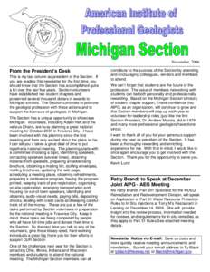 November, 2006  From the President’s Desk This is my last column as president of the Section. If you are reading this newsletter for the first time, you should know that the Section has accomplished quite