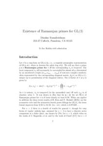 Existence of Ramanujan primes for GL(3) Dinakar Ramakrishnan[removed]Caltech, Pasadena, CA[removed]To Joe Shalika with admiration  Introduction