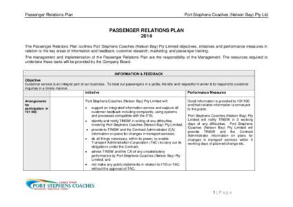 Passenger Relations Plan  Port Stephens Coaches (Nelson Bay) Pty Ltd PASSENGER RELATIONS PLAN 2014