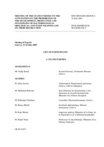 MEETING OF THE STATES PARTIES TO THE BWC/MSP/2005/MX/INF.6 CONVENTION ON THE PROHIBITION OF 24 June 2005 THE DEVELOPMENT, PRODUCTION AND STOCKPILING OF BACTERIOLOGICAL