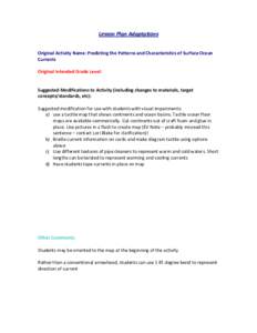 Lesson Plan Adaptations Original Activity Name: Predicting the Patterns and Characteristics of Surface Ocean Currents Original Intended Grade Level:  Suggested Modifications to Activity (including changes to materials, t