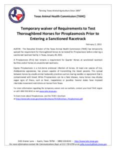 Temporary waiver of Requirements to Test Thoroughbred Horses for Piroplasmosis Prior to Entering a Sanctioned Racetrack