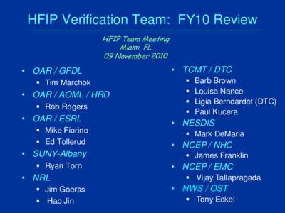 HFIP Verification Team: FY10 Review HFIP Team Meeting Miami, FL 09 November 2010  • OAR / GFDL