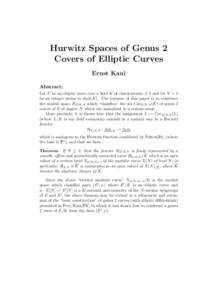 Hurwitz Spaces of Genus 2 Covers of Elliptic Curves Ernst Kani