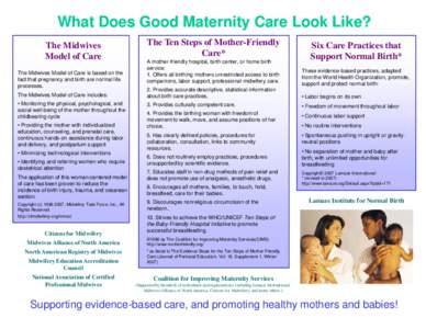Midwifery / Health / Childbirth / Human reproduction / Personal life / Midwife / Home birth / Birthing center / Lamaze technique / Midwives Alliance of North America / Baby Friendly Hospital Initiative / Breastfeeding