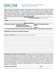 Department of Consumer Affairs - Language & Americans with Disabilities Act Public Access Complaint Form