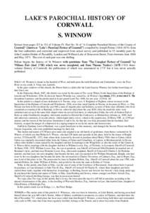 LAKE’S PAROCHIAL HISTORY OF CORNWALL S. WINNOW Extract from pages 323 to 331 of Volume IV, Part No. 54 of 