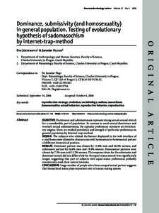 Neuroendocrinology Letters  Volume 27  No. 6  2006  Eva Jozifkova1 & Jaroslav Flegr2 1. Department of Anthropology and Human Genetics, Faculty of Science, Charles University in Prague, Czech Republic. 2. Department