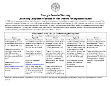 Georgia Board of Nursing Continuing Competency/Education Plan Options for Registered Nurses In 2013, Georgia law was amended to require licensees to complete continuing competency/education requirements as a condition of