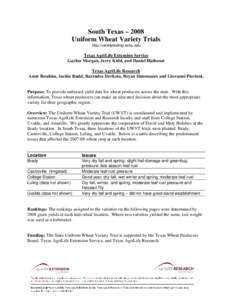 South Texas – 2008 Uniform Wheat Variety Trials http://varietytesting.tamu.edu Texas AgriLife Extension Service Gaylon Morgan, Jerry Kidd, and Daniel Hathcoat
