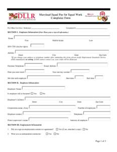 Maryland Equal Pay for Equal Work Complaint Form For Office Use Only: Reference  Complaint #