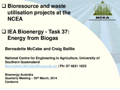  Bioresource and waste utilisation projects at the NCEA  IEA Bioenergy - Task 37: Energy from Biogas Bernadette McCabe and Craig Baillie