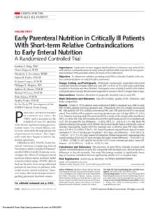 CARING FOR THE CRITICALLY ILL PATIENT ONLINE FIRST  Early Parenteral Nutrition in Critically Ill Patients