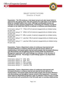 SMART EXPECTATIONS Director of Audit Expectation: The OIG produces a risk-based annual work plan based which is approved by the agency head. This plan projects the audit topics to be initiated based on available auditor 