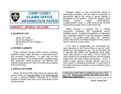 CAMP CASEY CLAIMS OFFICE INFORMATION PAPER