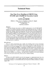Technical Notes Run-Time Error Handling in FORTH Using SETJMP and LNGJMP for Execution Control or GOTOinFORTH Robert J. Paul, Jay S. Friedland, Jeremy E. Sagan