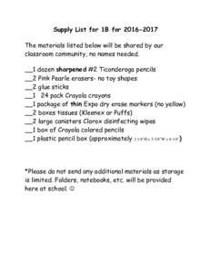 Supply List for 1B forThe materials listed below will be shared by our classroom community, no names needed. __1 dozen sharpened #2 Ticonderoga pencils __2 Pink Pearle erasers- no toy shapes __2 glue sticks