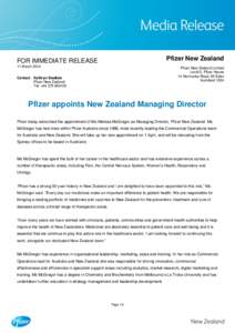 Pfizer New Zealand  FOR IMMEDIATE RELEASE 11 March[removed]Pfizer New Zealand Limited