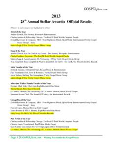 2013 28th Annual Stellar Awards: Official Results (Winners in each category are highlighted in yellow) Artist of the Year Andrae Crouch, The Journey, Riverphlo Entertainment