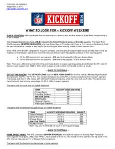 FOR USE AS DESIRED September 3, 2014 http://twitter.com/NFL345 WHAT TO LOOK FOR – KICKOFF WEEKEND SUPER STARTERS: History indicates that the best way for a team to start its drive toward a Super Bowl championship is