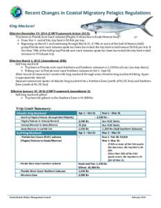 Recent Changes in Coastal Migratory Pelagics Regulations King Mackerel Effective December 19, 2014 (CMP Framework Action 2013): - Trip limits in Florida East Coast subzone [Flagler/Volusia line to Dade/Monroe line]: → 
