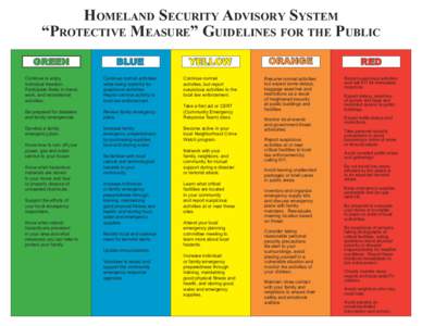 HOMELAND SECURITY ADVISORY SYSTEM “PROTECTIVE MEASURE” GUIDELINES FOR THE PUBLIC GREEN BLUE