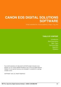 CANON EOS DIGITAL SOLUTIONS SOFTWARE CEDSS-18-BOOM6-PDF | File Size 2,000 KB | 37 Pages | 7 Aug, 2016 TABLE OF CONTENT Introduction