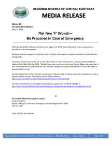 REGIONAL DISTRICT OF CENTRAL KOOTENAY  MEDIA RELEASE Nelson, BC For Immediate Release May 5, 2016