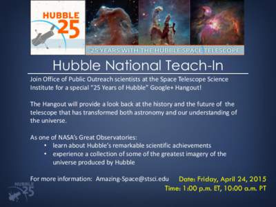 Hubble National Teach-In Join Office of Public Outreach scientists at the Space Telescope Science Institute for a special “25 Years of Hubble” Google+ Hangout! The Hangout will provide a look back at the history and 
