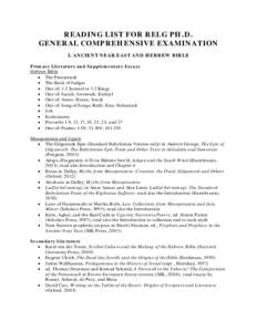 READING LIST FOR RELG PH.D. GENERAL COMPREHENSIVE EXAMINATION I. ANCIENT NEAR EAST AND HEBREW BIBLE Primary Literature and Supplementary Essays Hebrew Bible • The Pentateuch