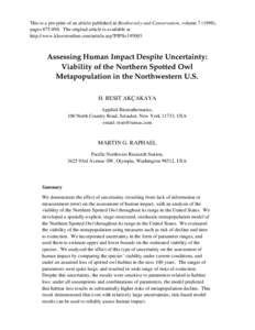This is a pre-print of an article published in Biodiversity and Conservation, volume), pagesThe original article is available at http://www.kluweronline.com/article.asp?PIPS=Assessing Human Impac