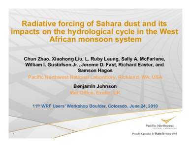 Radiative forcing of Sahara dust and its impacts on the hydrological cycle in the West African monsoon system Chun Zhao, Xiaohong Liu, L. Ruby Leung, Sally A. McFarlane, William I. Gustafson Jr., Jerome D. Fast, Richard 