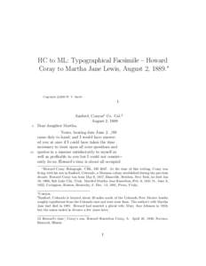 HC to ML: Typographical Facsimile – Howard Coray to Martha Jane Lewis, August 2, 1889.∗ c Copyright 
2009 W. V. Smith