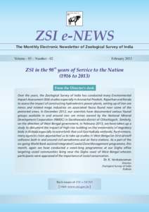 ZSI e-NEWS The Monthly Electronic Newsletter of Zoological Survey of India Volume - 05 :: Number - 02 February 2013 th
