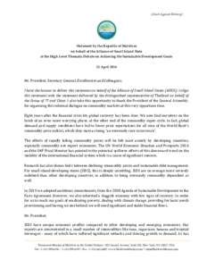 [Check Against Delivery]  Statement by the Republic of Maldives on behalf of the Alliance of Small Island State at the High Level Thematic Debate on Achieving the Sustainable Development Goals 21 April 2016