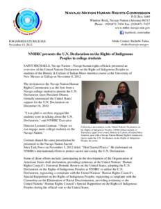 Navajo Nation Human Rights Commission P.O. Box 1689 Window Rock, Navajo Nation (Arizona[removed]Phone: ([removed]Fax: ([removed]www.nnhrc.navajo-nsn.gov facebook.com/nnhrc