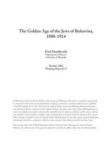 The Golden Age of the Jews of Bukovina, [removed]Fred Stambrook