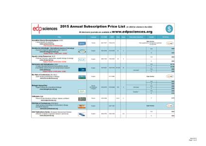 2015 Annual Subscription Price List All electronic journals are available at Titles www.edpsciences.org