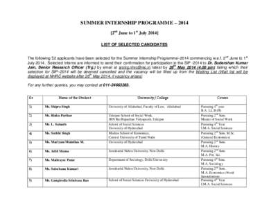 SUMMER INTERNSHIP PROGRAMME – 2014 [2nd June to 1st July[removed]LIST OF SELECTED CANDIDATES The following 52 applicants have been selected for the Summer Internship Programme–2014 commencing w.e.f. 2nd June to 1st Jul