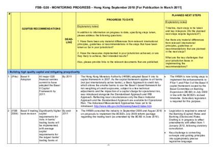 FSB- G20 - MONITORING PROGRESS – Hong Kong September[removed]For Publication in March 2011] # PLANNED NEXT STEPS PROGRESS TO DATE Explanatory notes: