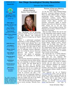 San Diego Genealogical Society Newsletter  Volume 46, No.2 MarchDiscover Your Family History