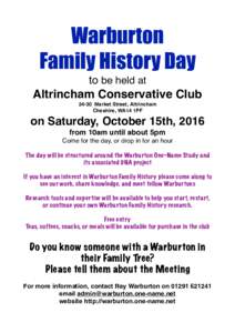 Warburton Family History Day to be held at Altrincham Conservative Club  24-30  Market Street, Altrincham