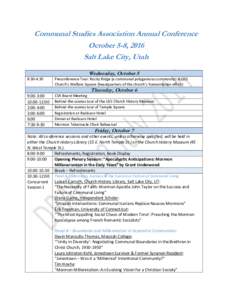 Communal Studies Association Annual Conference October 5-8, 2016 Salt Lake City, Utah Wednesday, October 5 8:30-4:30