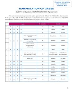 Checked for validity and accuracy – October 2017 ROMANIZATION OF GREEK E L OT 743 S ys tem; B GN/PCGN 1996 Agreement