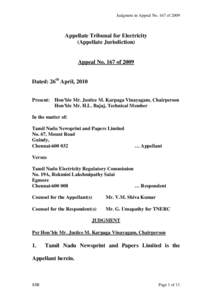 Judgment in Appeal No. 167 of[removed]Appellate Tribunal for Electricity (Appellate Jurisdiction)  Appeal No. 167 of 2009
