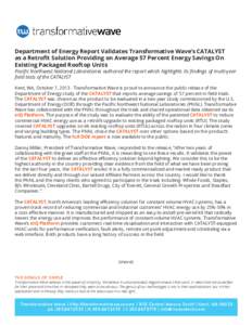 Department of Energy Report Validates Transformative Wave’s CATALYST as a Retrofit Solution Providing on Average 57 Percent Energy Savings On Existing Packaged Rooftop Units Pacific Northwest National Laboratories auth