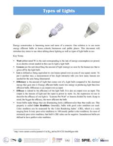    Types of Lights Energy conservation is becoming more and more of a concern. One solution is to use more energy efficient bulbs at home, schools, businesses and public places. This document will