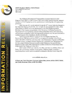 ODOT Engineer Shell is a Hall of Farner FOR IMMEDIATE RELEASE May 15, 2014 PR# [removed]The Oklahoma Department of Transportation is pleased that their Chief