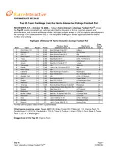 FOR IMMEDIATE RELEASE  Top 25 Team Rankings from the Harris Interactive College Football Poll ROCHESTER, N.Y.—October 15, 2006— Today’s Harris Interactive College Football PollSM shows the Top 25 results compiled f
